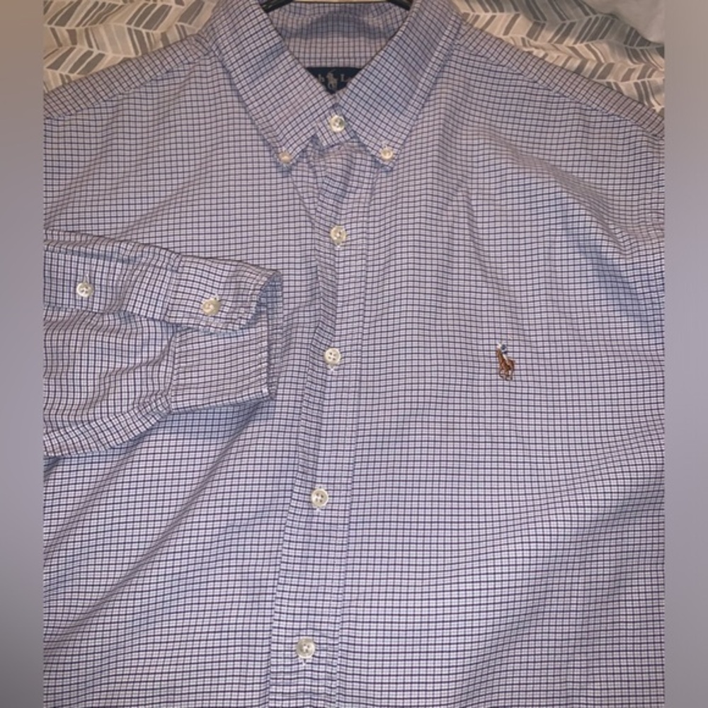 Men's Ralph Lauren Classic Fit 17 34-35 Blue Plaid Flesh Pony Long Sleeve Button